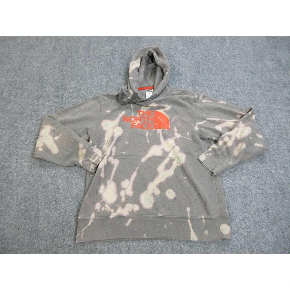 The North Face Hoodie Mens Medium Gray Bleach Dye Fleece Pullover Sweatshirt